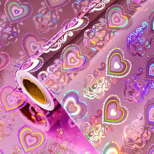 MAYPLUSS Holographic Heart Wrapping Paper Roll, Girly Romantic Metallic Rainbow Birthday Wrapping Paper for Valentine's Day Wrapping Paper, Wedding, Anniversary, Christmas, Party, Celebration (17 Inch X 33 Feet) - Image 1