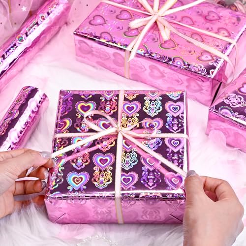 MAYPLUSS Holographic Heart Wrapping Paper Roll, Girly Romantic Metallic Rainbow Birthday Wrapping Paper for Valentine's Day Wrapping Paper, Wedding, Anniversary, Christmas, Party, Celebration (17 Inch X 33 Feet) - Image 4
