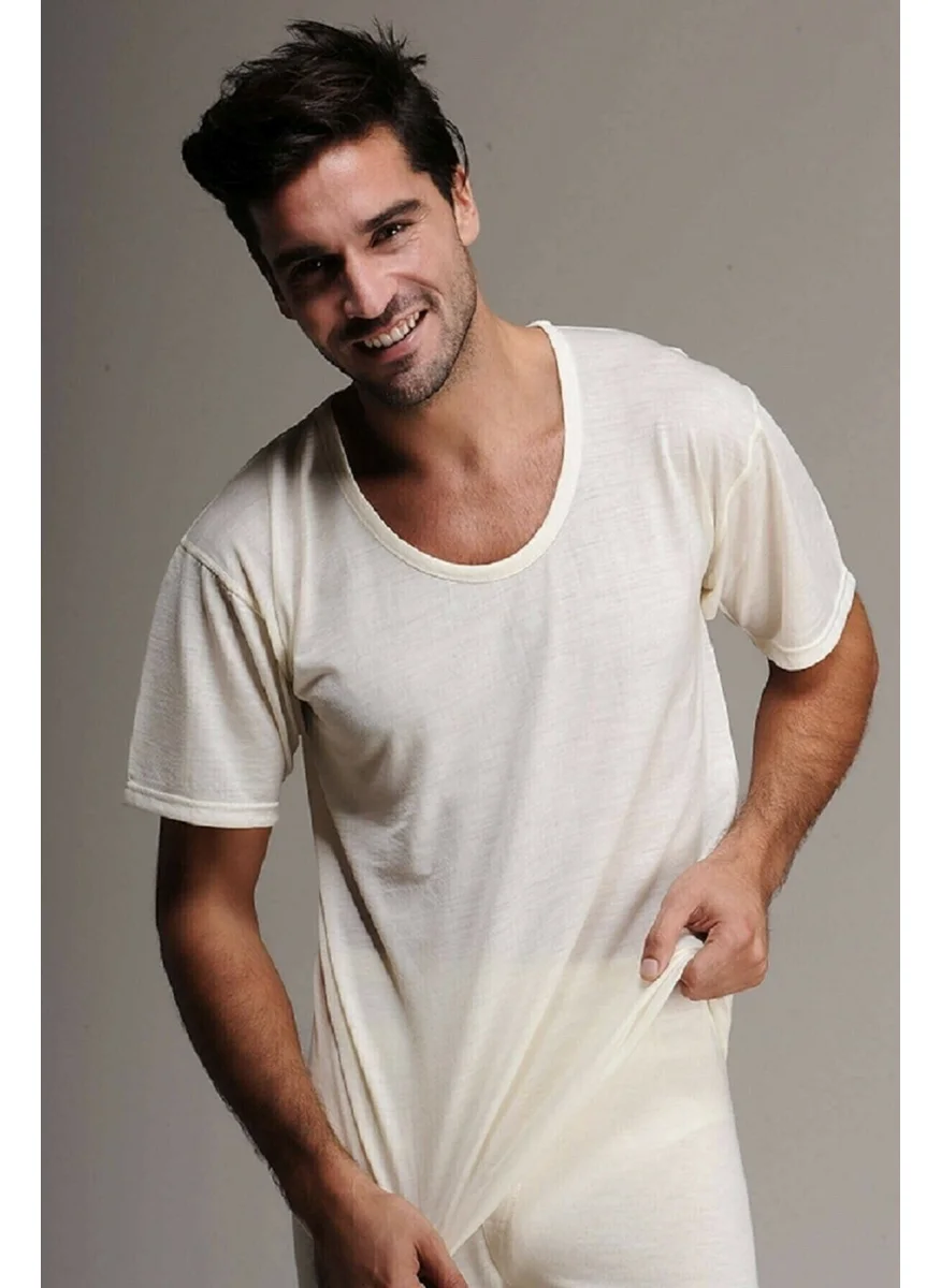 Hasyün 100&101 Men's Short Sleeve Thermal Wool Underwear Set-Cream