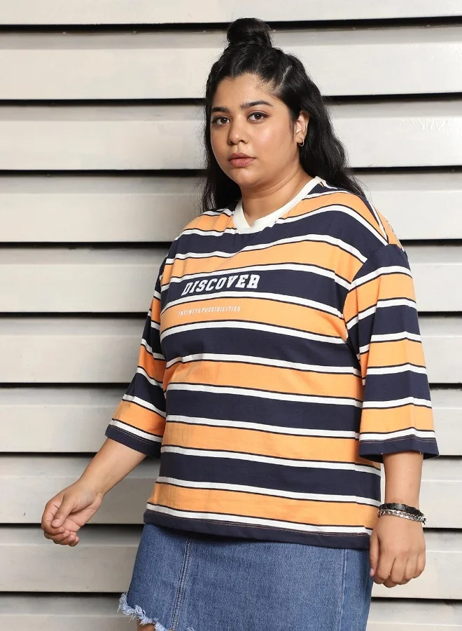 هاي ستار Women's Orange 100% Cotton Striped Plus Size Oversized T-Shirt