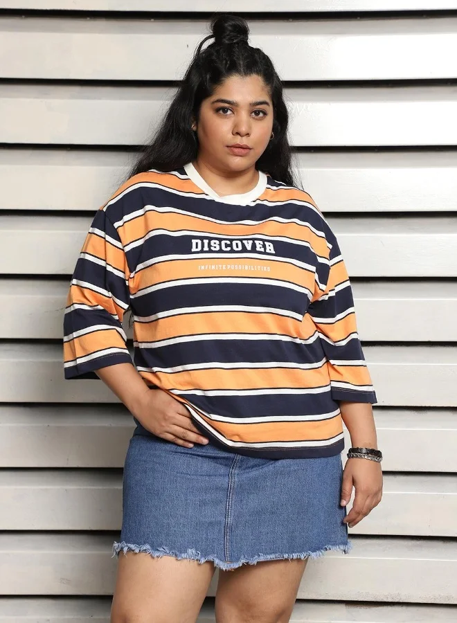 هاي ستار Women's Orange 100% Cotton Striped Plus Size Oversized T-Shirt