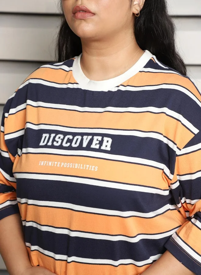 هاي ستار Women's Orange 100% Cotton Striped Plus Size Oversized T-Shirt