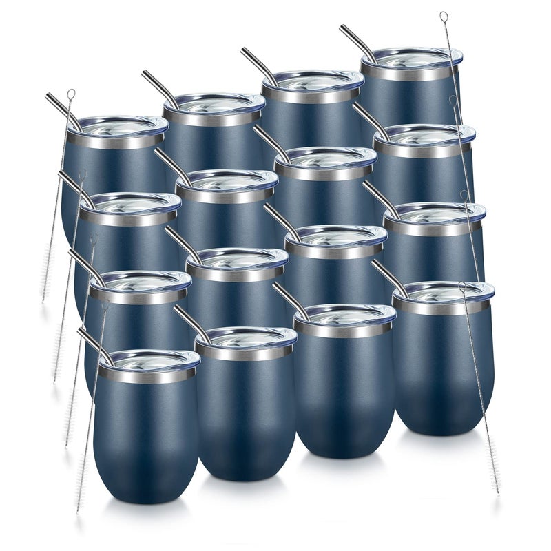 COMOOO 16 Pack Stainless Steel Wine Tumbler with Lid and Straw 12oz Double Wall Vacuum Insulated Wine Tumbler Cup Stemless for hot and Cold Drinks Coffee Wine Cocktails Navy