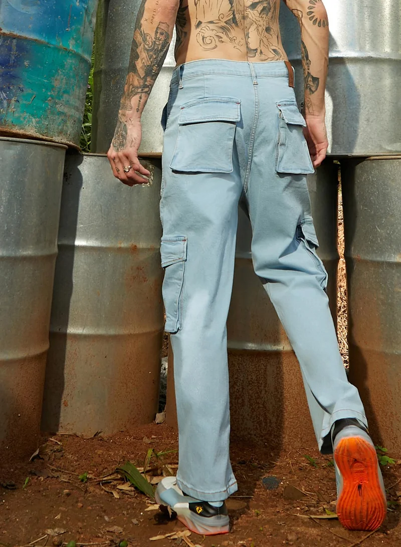 Campus Sutra Men's Light Blue Utility Cargo Denim Jeans