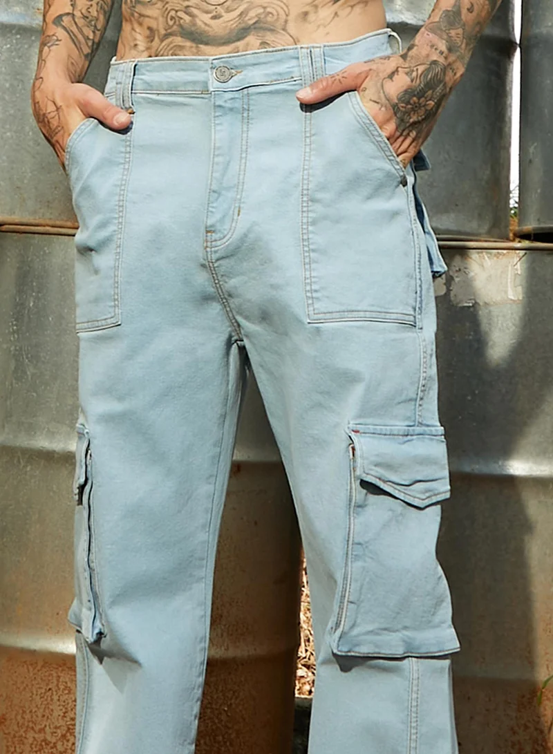 Campus Sutra Men's Light Blue Utility Cargo Denim Jeans