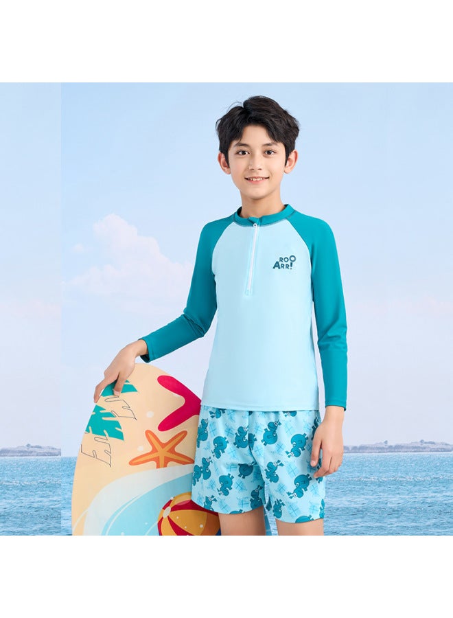 إسكدنيا ملابس سباحة للأطفال للأولاد مقسمة بأكمام طويلة للأولاد المتوسطة والكبيرة مضادة للإحراج، ملابس سباحة واقية من الشمس، تخصيص معدات السباحة - اللون: 8330 أخضر - - Image 1