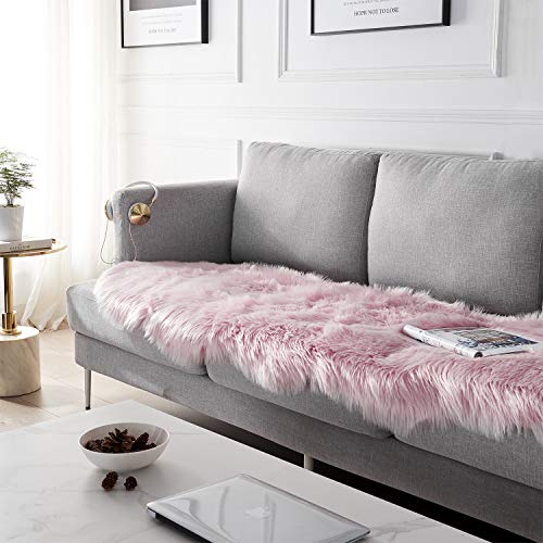 SERISSA Ultra Soft Fluffy Pink Faux Sheepskin Fur Shaggy Couch Cover Furry Carpet for Kids Room Fuzzy Plush Rug for Bedroom Living Room Runner, 2x6 Feet (Sheepskin Shape,Pink) - Image 3