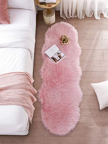 SERISSA Ultra Soft Fluffy Pink Faux Sheepskin Fur Shaggy Couch Cover Furry Carpet for Kids Room Fuzzy Plush Rug for Bedroom Living Room Runner, 2x6 Feet (Sheepskin Shape,Pink) - Image 2