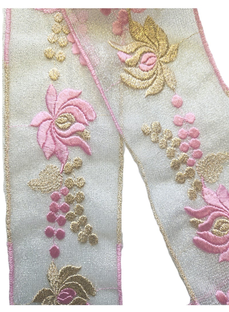 Rich Silver with Pink & Gold Flowers, 10 yards, Sewing Lace Trim - Image 1