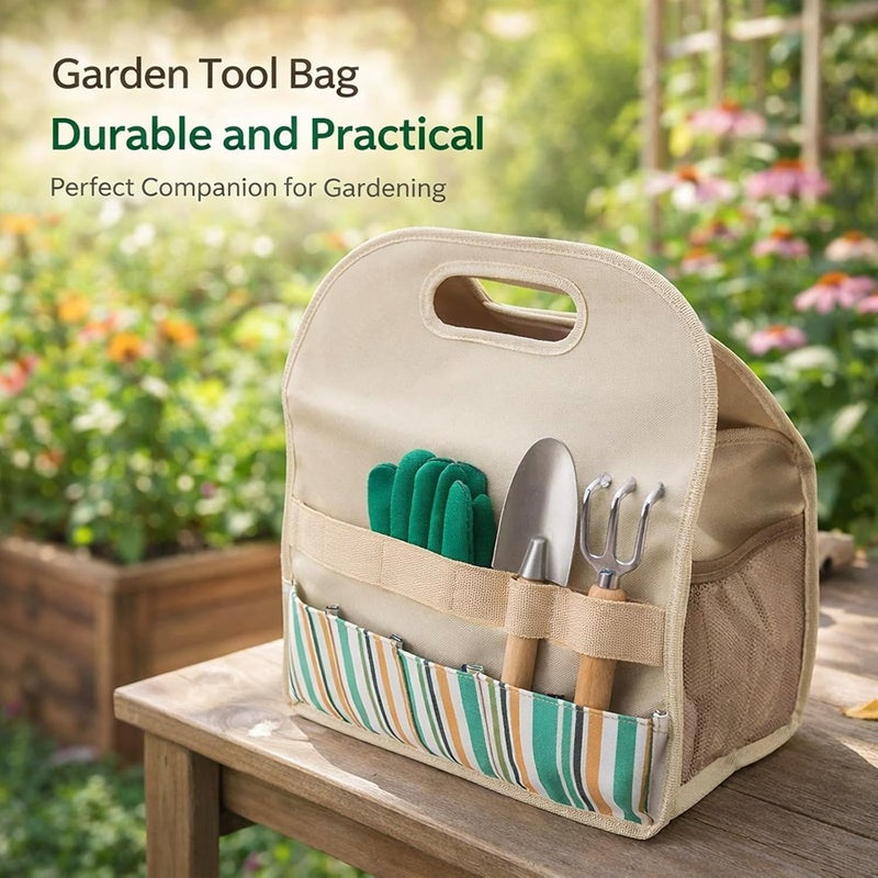 Garden Tool Bag Pouch Large Capacity, 600D Oxford Cloth with PE Board, 35.5x17x40cm - Durable Construction, Comfortable Grip, Portable for Gardeners (Beige with Color Stripe) - Image 2