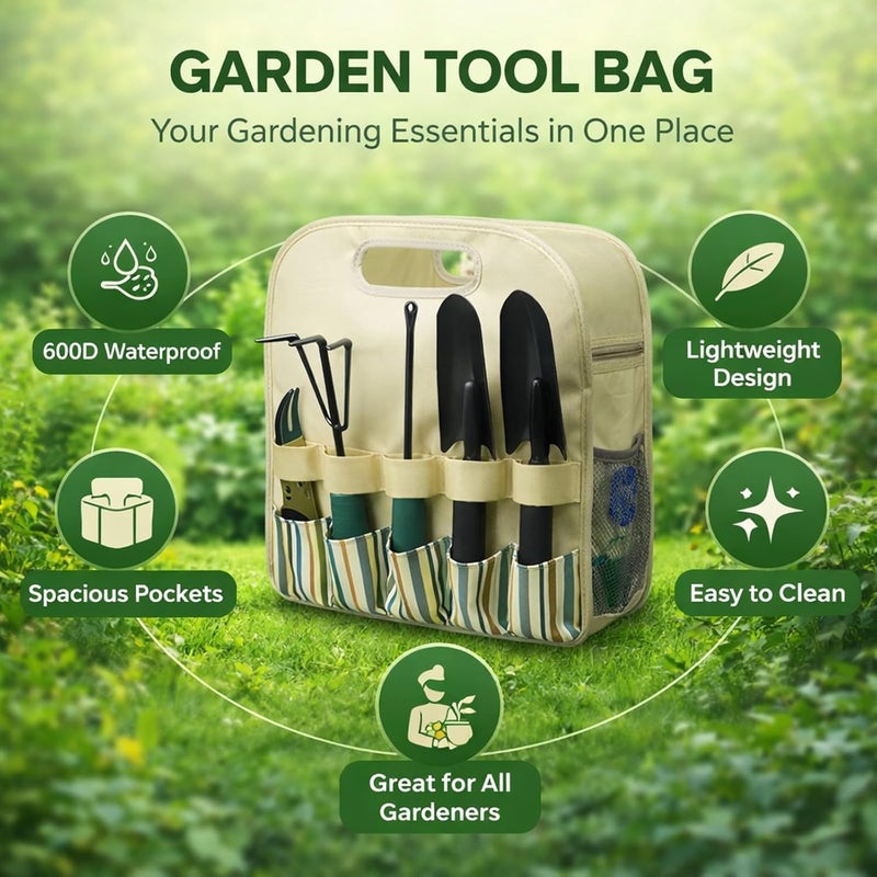 Garden Tool Bag Pouch Large Capacity, 600D Oxford Cloth with PE Board, 35.5x17x40cm - Durable Construction, Comfortable Grip, Portable for Gardeners (Beige with Color Stripe) - Image 4