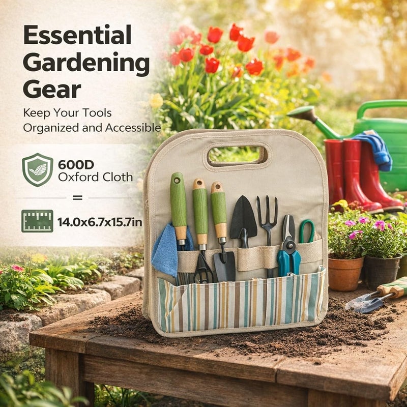 Garden Tool Bag Pouch Large Capacity, 600D Oxford Cloth with PE Board, 35.5x17x40cm - Durable Construction, Comfortable Grip, Portable for Gardeners (Beige with Color Stripe) - Image 3