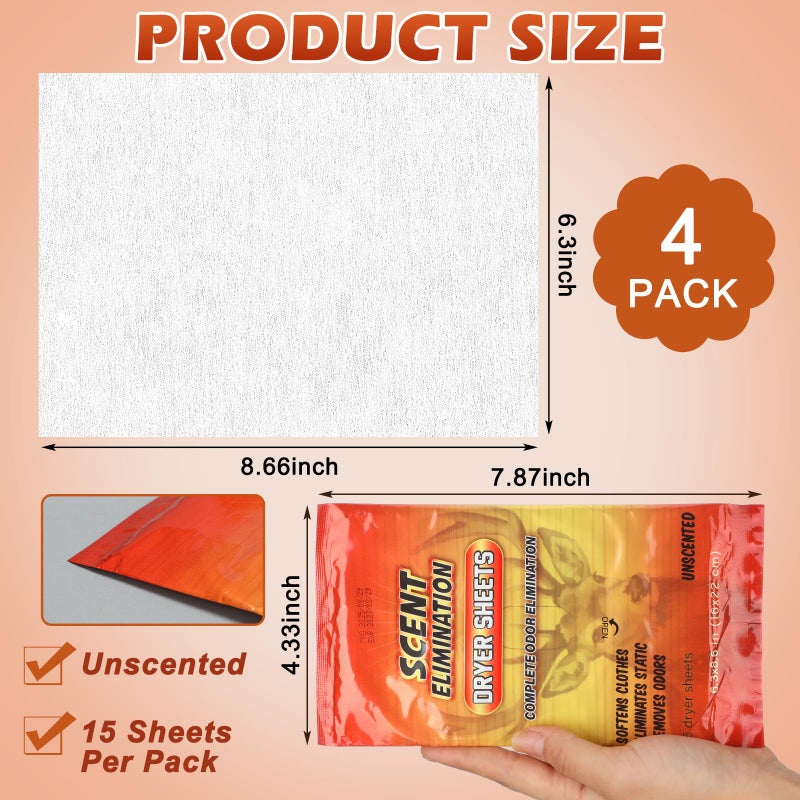 Wovnet 4 Pack 60 Pieces Scent Elimination Dryer Sheets Scent Free Dryer Sheets for Hunting Hunters Fabric Softener for Fabrics Deer Clothes Hunting Accessories - Image 2
