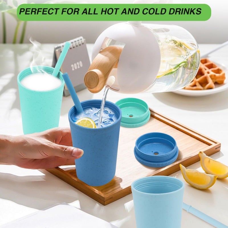 shopwithgreen 10 oz Wheat Straw Cups with Lids and Silicone Straws, Unbreakable Drinking Glasses, Plastic Cups for Kitchen, Small Tumbler Cups with Cleaning Brush, BPA Free, Dishwasher & Microwave Safe, 6 Pack - Image 2