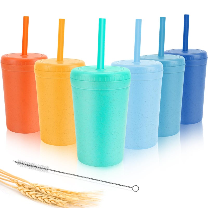 shopwithgreen 10 oz Wheat Straw Cups with Lids and Silicone Straws, Unbreakable Drinking Glasses, Plastic Cups for Kitchen, Small Tumbler Cups with Cleaning Brush, BPA Free, Dishwasher & Microwave Safe, 6 Pack - Image 1