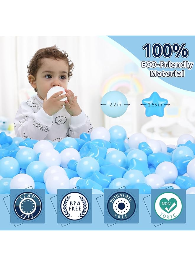 إكسفور 100 قطعة من كرات الحفرة على شكل نجمة وكرة للأطفال خالية من مادة BPA ومقاومة للكسر من البلاستيك بألوان الماكرون مثالية لحفلات أعياد الميلاد وحمامات السباحة والخيام تتضمن حقيبة تخزين من البولي فينيل كلوريد/الشبك - Image 3