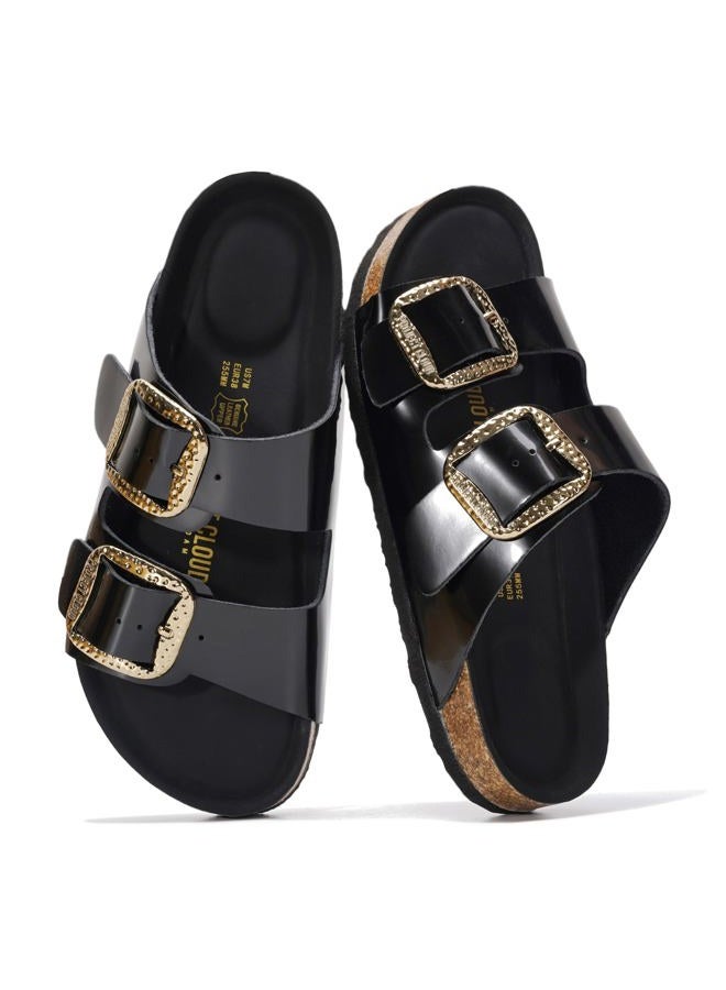 Project Cloud Genuine Leather Flat Sandals for Women 2025 Comfortable Beach Essentials Womens Sandals Memory Foam Vacation Essentials Slides for Women Footwear (Santorini), Onyx Leather, 7 - Image 1