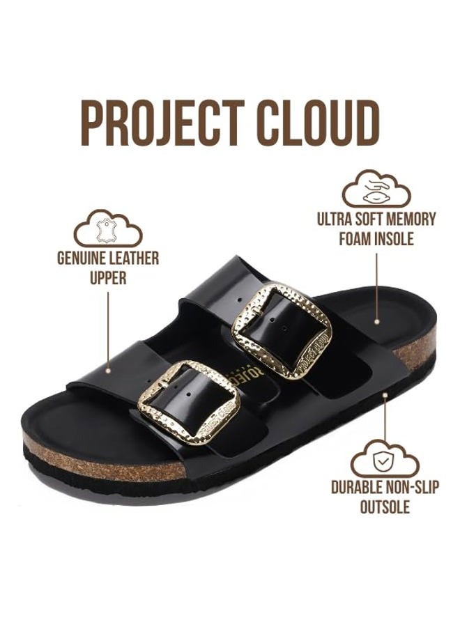 Project Cloud Genuine Leather Flat Sandals for Women 2025 Comfortable Beach Essentials Womens Sandals Memory Foam Vacation Essentials Slides for Women Footwear (Santorini), Onyx Leather, 7 - Image 2