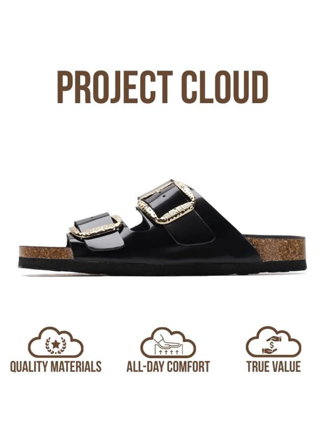 Project Cloud Genuine Leather Flat Sandals for Women 2025 Comfortable Beach Essentials Womens Sandals Memory Foam Vacation Essentials Slides for Women Footwear (Santorini), Onyx Leather, 7 - Image 3