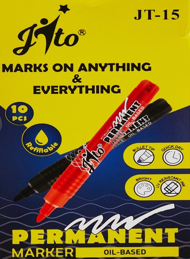قلم تحديد دائم JITO JT-15، قابل لإعادة التعبئة، رأس مدبب، عرض الخط 2.5 مم، كتابة مقاومة للمسح، غير سام وخالٍ من الزيلين، 10 أقلام في العبوة، لون الحبر: أخضر - Image 1