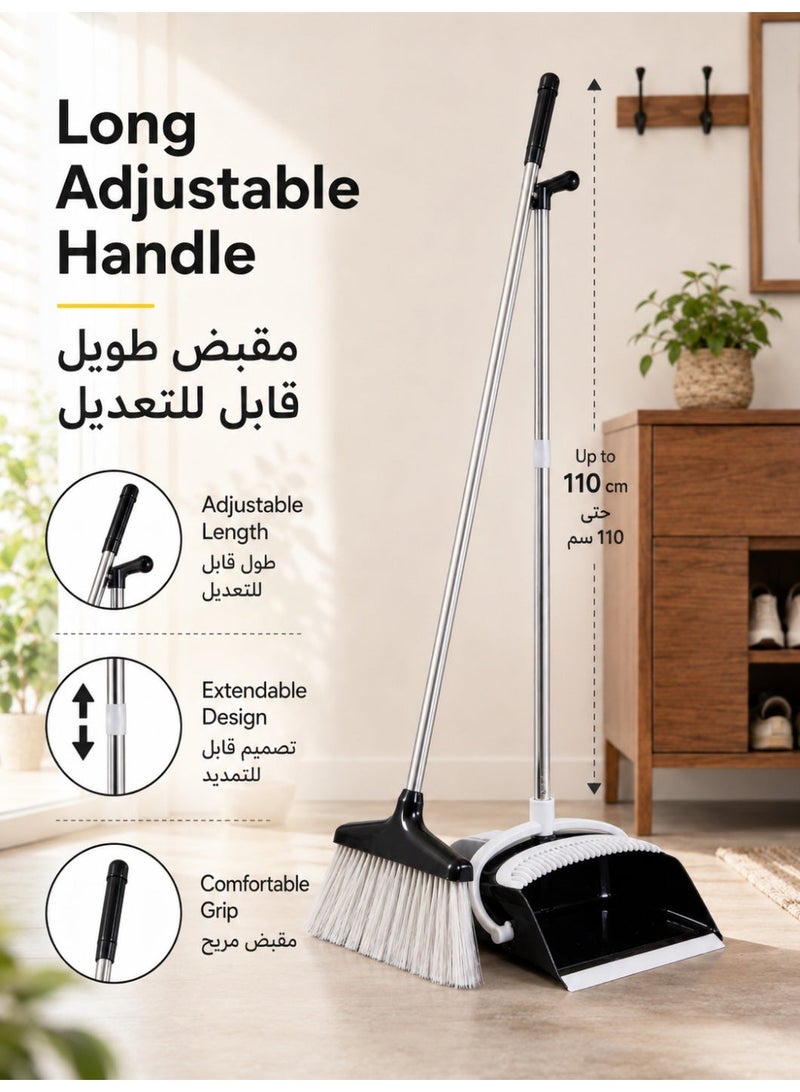 OHAHO Upgrade Broom and Dustpan Set, Self-Cleaning with Dustpan Teeth, Indoor & Outdoor Sweeping, Ideal for Dog Cat Pets Home Use, Stand Up Broom and Dustpan - Black broom set - Image 2