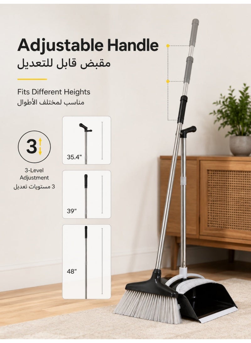 OHAHO Upgrade Broom and Dustpan Set, Self-Cleaning with Dustpan Teeth, Indoor & Outdoor Sweeping, Ideal for Dog Cat Pets Home Use, Stand Up Broom and Dustpan - Black broom set - Image 3