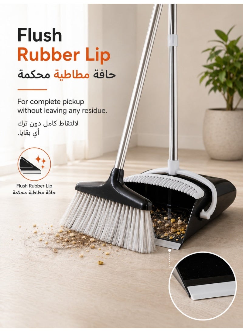 OHAHO Upgrade Broom and Dustpan Set, Self-Cleaning with Dustpan Teeth, Indoor & Outdoor Sweeping, Ideal for Dog Cat Pets Home Use, Stand Up Broom and Dustpan - Black broom set - Image 4