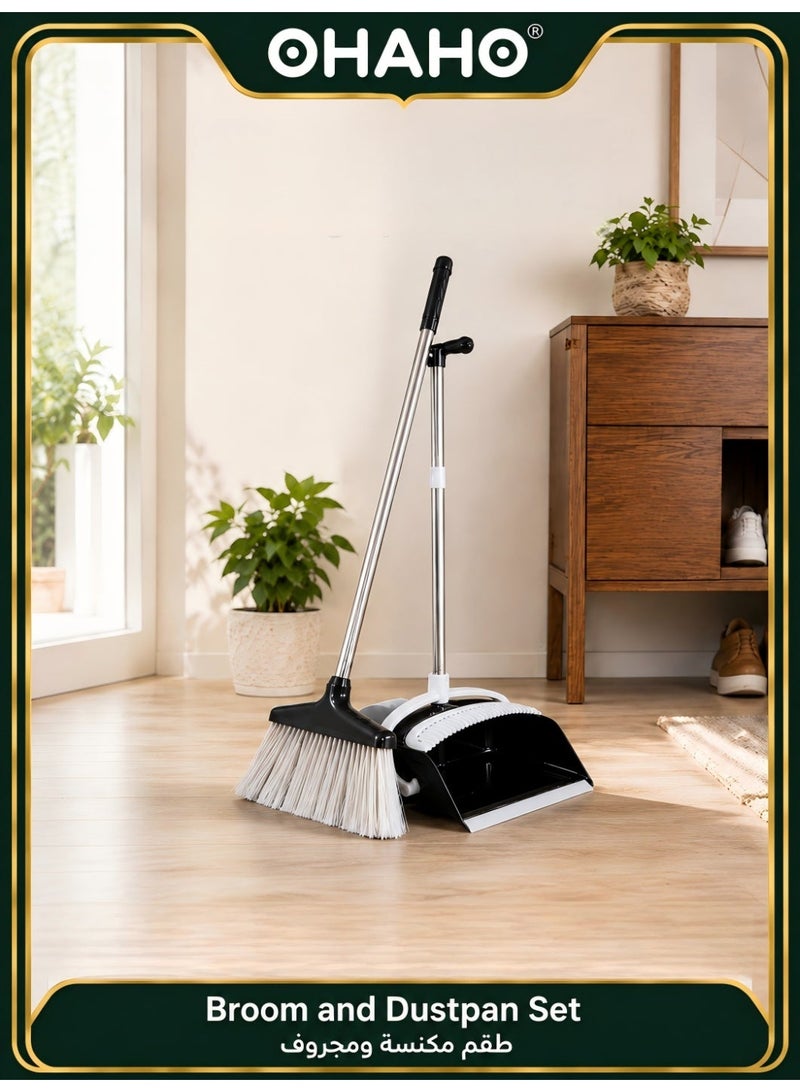 OHAHO Upgrade Broom and Dustpan Set, Self-Cleaning with Dustpan Teeth, Indoor & Outdoor Sweeping, Ideal for Dog Cat Pets Home Use, Stand Up Broom and Dustpan - Black broom set - Image 1