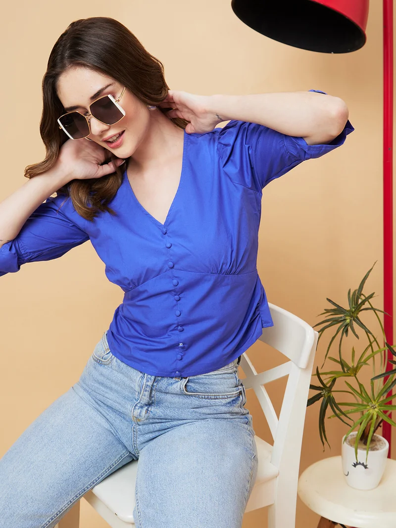 جلو باص بلوزة نسائية قطنية زرقاء من جلوبس