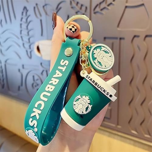 FowWelt Cartoon Characters Keychain for Girls & Boys – Cute Silicone Keyring Accessories | Key Purse, Backpack, Car Charm | Fun Anime Style Kids Gift | Lightweight & Durable (Starbucks Green Cup) - Image 1