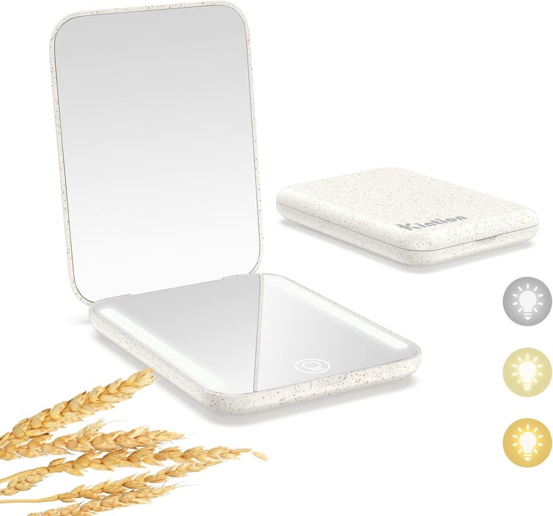 Kintion Rechargeable Pocket Mirror, Wheat Straw Material 1X/3X Magnification Portable Compact Mirror, Handheld Travel Mirror, Small Purse Mirrors for Women, Apricot - Image 1