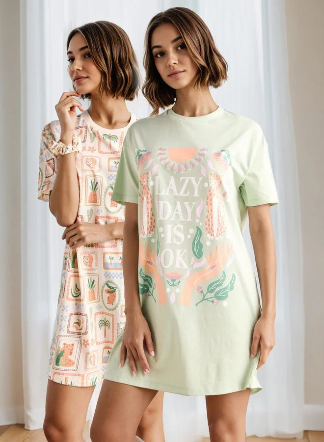 سبلاش فيڤ Set of 2 - Printed Round Neck Night Dress with Short Sleeves