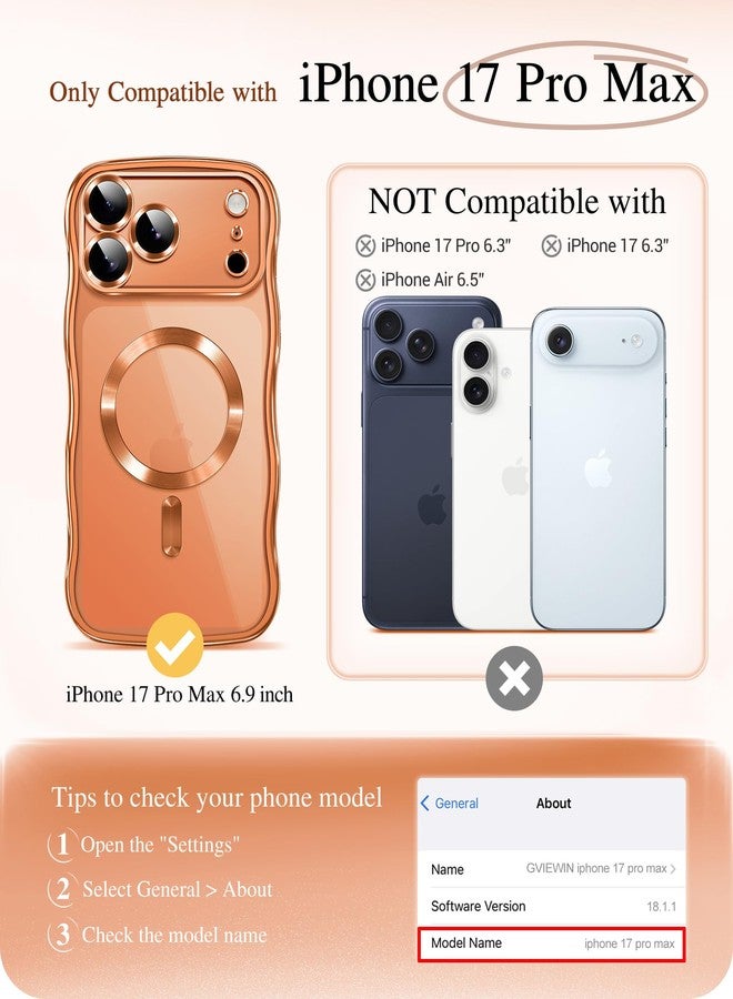 GVIEWIN for iPhone 17 Pro Max Case [Compatible with MagSafe][Upgraded Full Camera Protection][Cute Wave Frame] Glossy Slim Shockproof Protective Magnetic Phone Case for 17 Pro Max 6.9'', Clear/Orange - Image 2