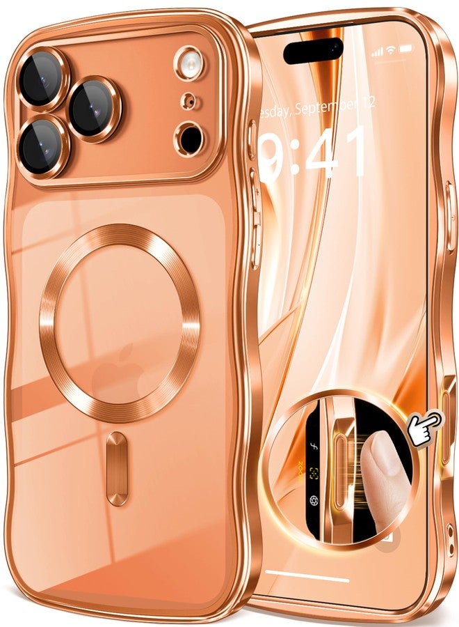 GVIEWIN for iPhone 17 Pro Max Case [Compatible with MagSafe][Upgraded Full Camera Protection][Cute Wave Frame] Glossy Slim Shockproof Protective Magnetic Phone Case for 17 Pro Max 6.9'', Clear/Orange - Image 1