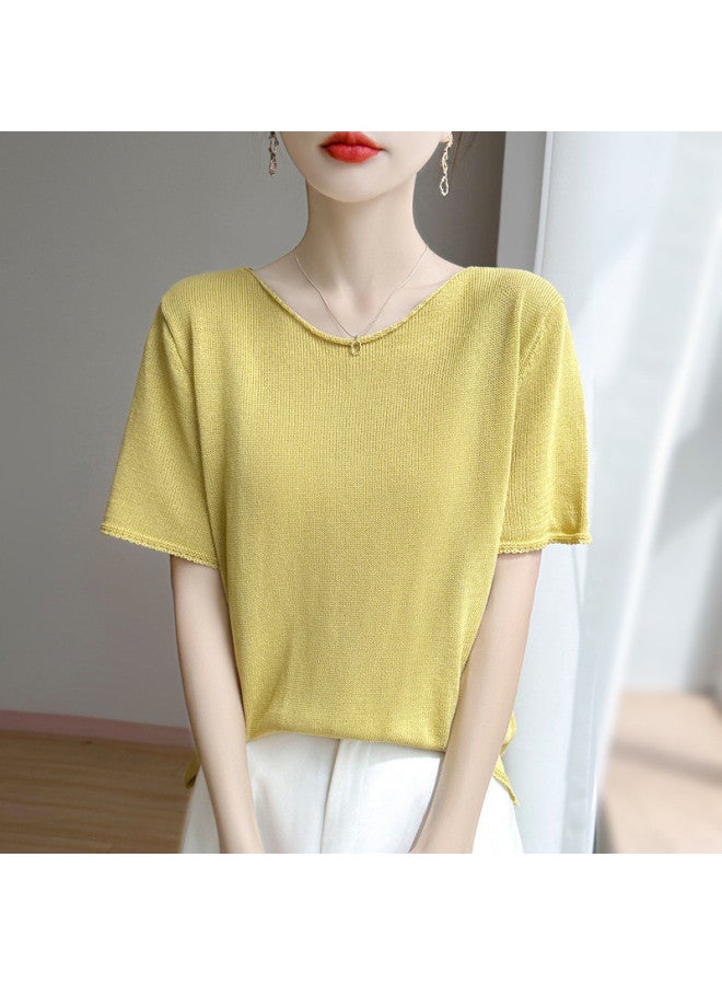 XINYANG V-neck Short Sleeve T-shirt For Women - 2025 Summer Thin Knitted Slim-fit Solid Color Basic Top - Image 5