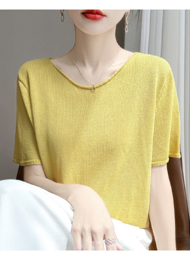 XINYANG V-neck Short Sleeve T-shirt For Women - 2025 Summer Thin Knitted Slim-fit Solid Color Basic Top - Image 1