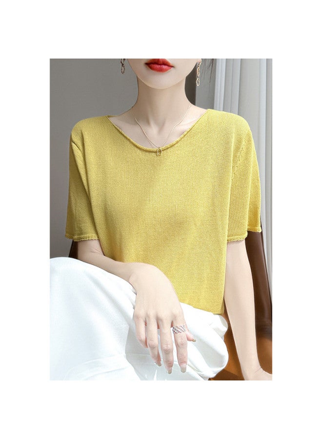 XINYANG V-neck Short Sleeve T-shirt For Women - 2025 Summer Thin Knitted Slim-fit Solid Color Basic Top - Image 2