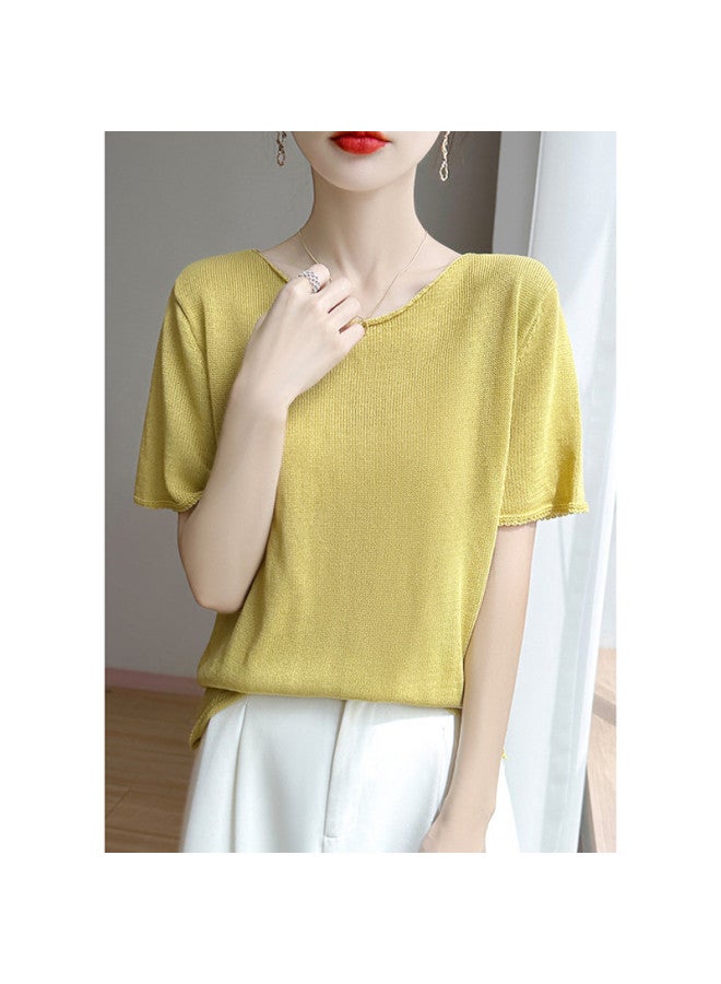 XINYANG V-neck Short Sleeve T-shirt For Women - 2025 Summer Thin Knitted Slim-fit Solid Color Basic Top - Image 3