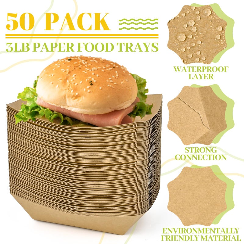 Ocmoiy 3lb Paper Food Trays, 50 Pack Disposable Nacho Trays, Heavy-Duty Kraft Paper Food Boats Holders Serving Basket Trays for Snack, BBQ Picnic Wedding Party - Image 3