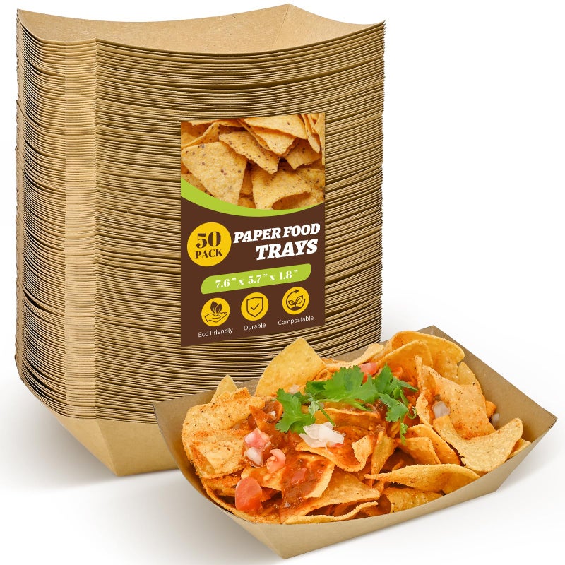 Ocmoiy 3lb Paper Food Trays, 50 Pack Disposable Nacho Trays, Heavy-Duty Kraft Paper Food Boats Holders Serving Basket Trays for Snack, BBQ Picnic Wedding Party - Image 1