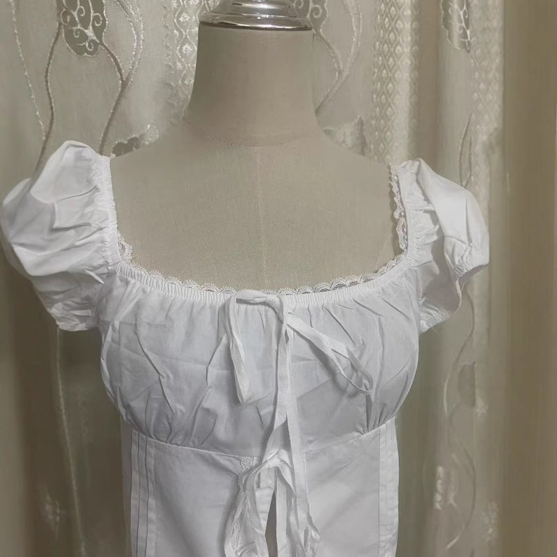 Women's Korean Style White Square Neck Bow Tie Lace Short Blouse - Image 3