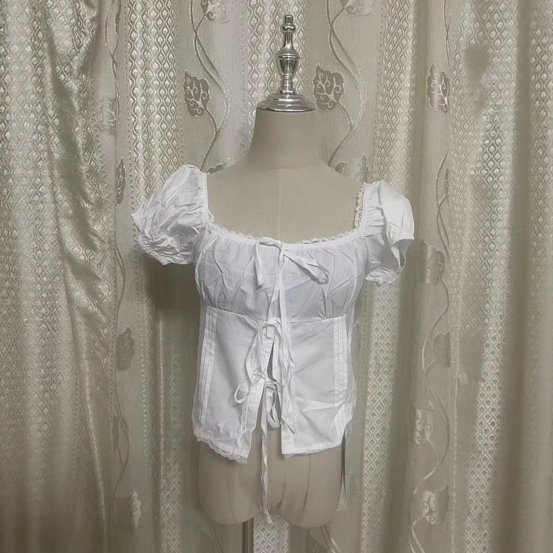 Women's Korean Style White Square Neck Bow Tie Lace Short Blouse - Image 1