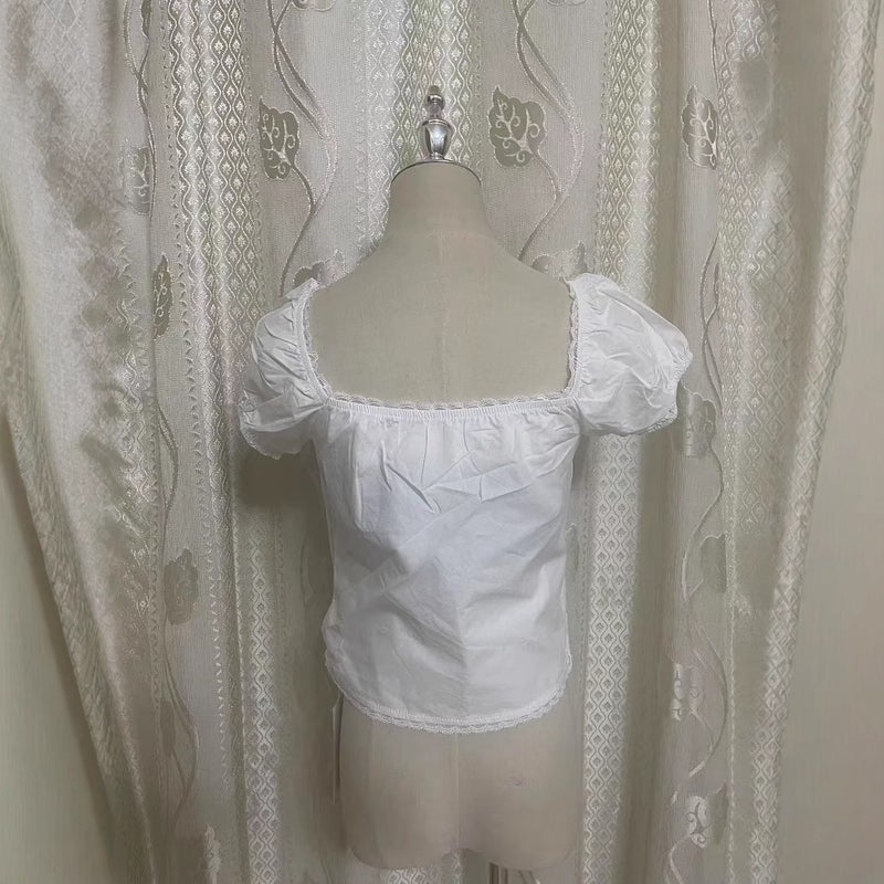 Women's Korean Style White Square Neck Bow Tie Lace Short Blouse - Image 5