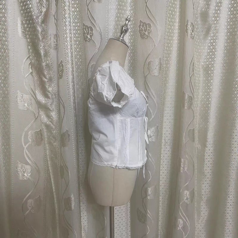 Women's Korean Style White Square Neck Bow Tie Lace Short Blouse - Image 4
