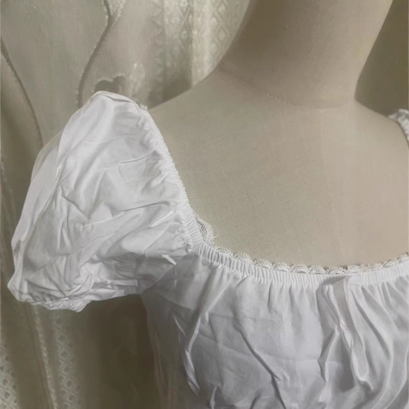 Women's Korean Style White Square Neck Bow Tie Lace Short Blouse - Image 2