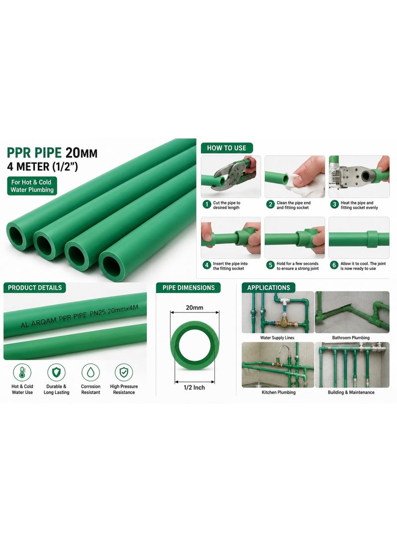 AL ARQAM PPR Pipe 20mm x 4 Meter 1/2 Inch Green Pipe for Hot & Cold Water Plumbing - Image 4