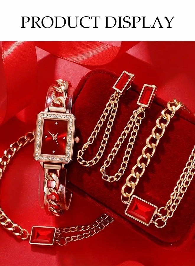 DUNISO 4-Piece Set, Retro Square Women's Watch Set, Quartz Watch + Versatile Chain Ruby ​​Necklace + Earrings + Bracelet,Watch Set For Ladies - Image 3