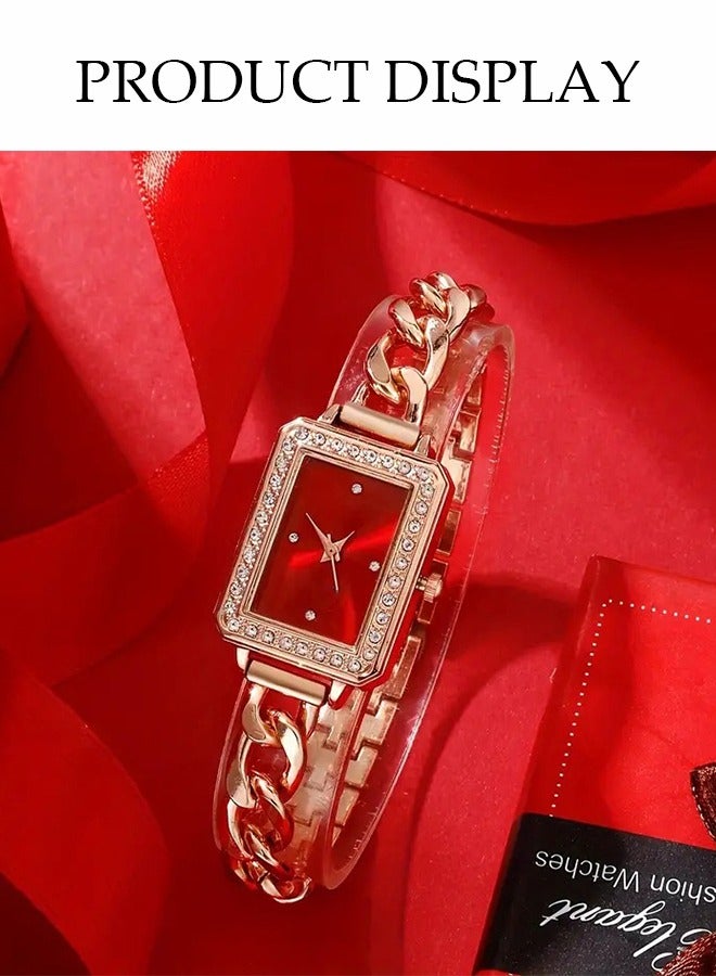 DUNISO 4-Piece Set, Retro Square Women's Watch Set, Quartz Watch + Versatile Chain Ruby ​​Necklace + Earrings + Bracelet,Watch Set For Ladies - Image 4