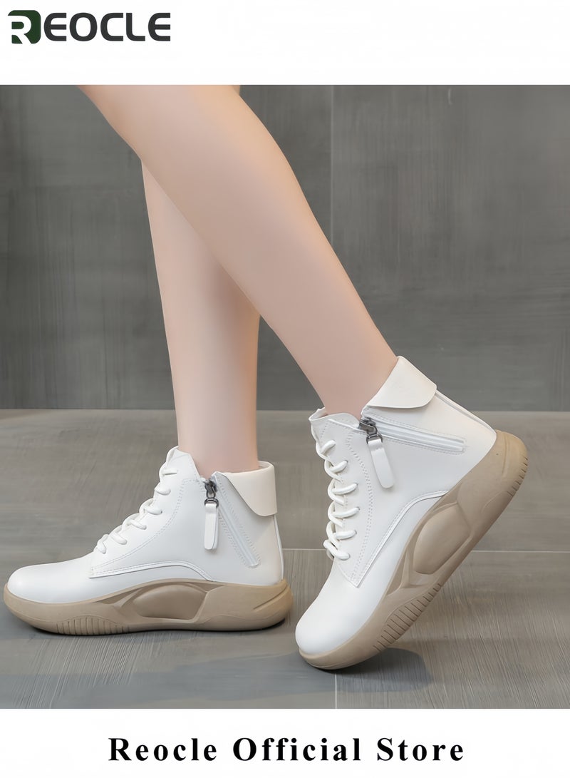 ريوكل حذاء رياضي نسائي من الجلد الطبيعي برباط ونعل سميك، حذاء رياضي كاجوال يصل إلى الكاحل، حذاء رياضي عصري ممتص للصدمات، حذاء رياضي للجري - Image 3