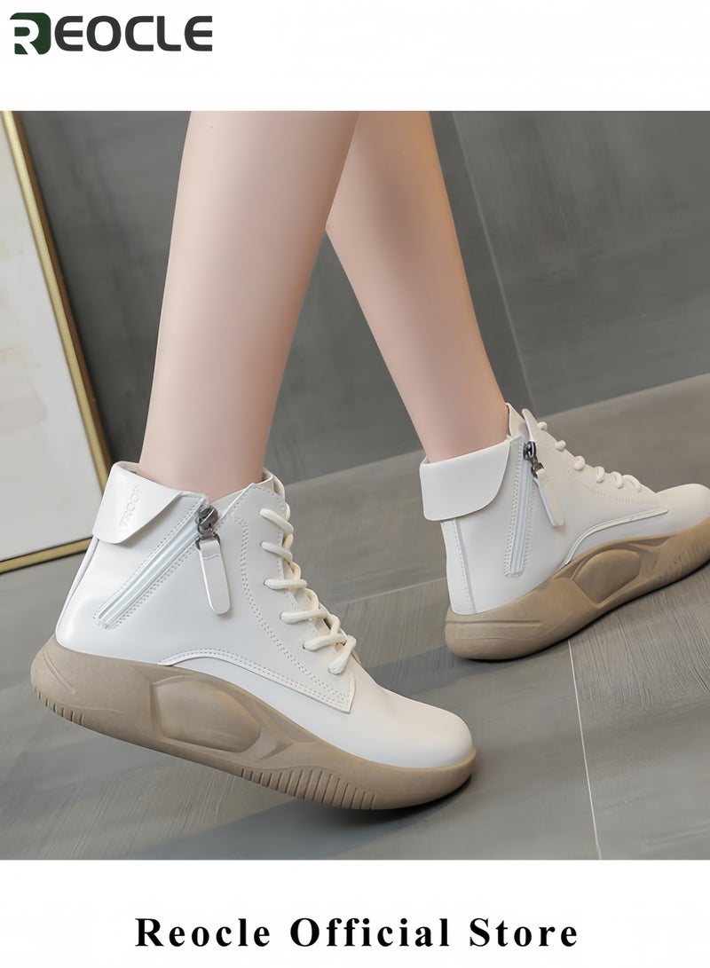 ريوكل حذاء رياضي نسائي من الجلد الطبيعي برباط ونعل سميك، حذاء رياضي كاجوال يصل إلى الكاحل، حذاء رياضي عصري ممتص للصدمات، حذاء رياضي للجري - Image 2